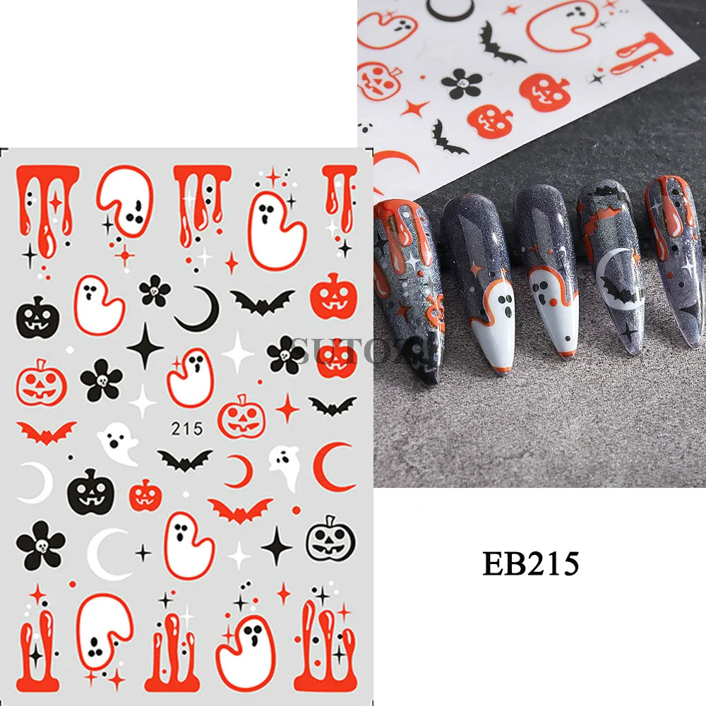 sengpan 5D Ghost Halloween Nail Art Stickers Cartoon Pumpkins Skulls Flowers Nail Decals Y2K Halloween Self-Adhesive Manicure Deco JI-5D