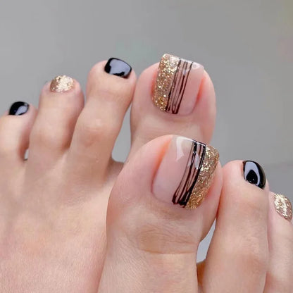 sengpan Flow Chocolate Design Artificial Toenails Glossy Fashion Toe Fake Nails with Glue Wearable Short Flat Shape Fake Toenails