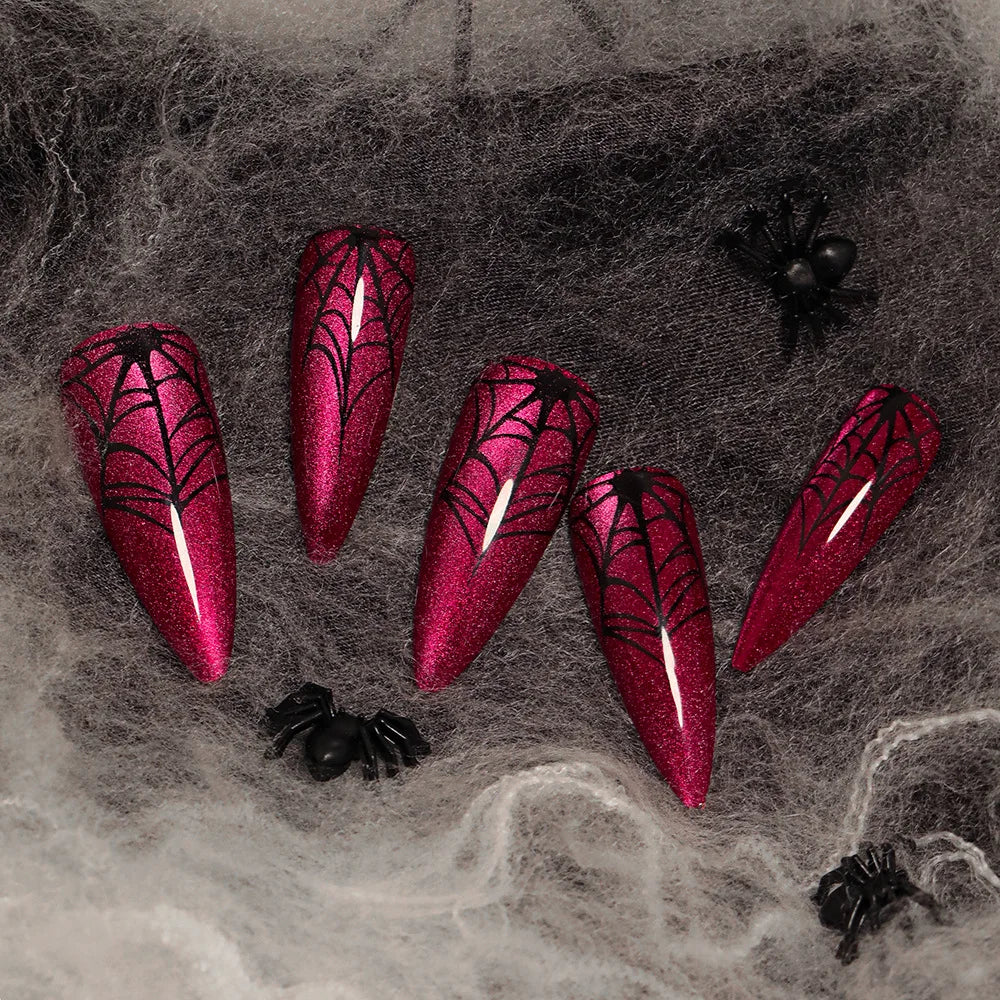 sengpan 24Pcs Halloween False Nails Glitter Red Fake Nail with Spider Web Design Long Almond Press on Nails Wearable Full Cover Nail Tip