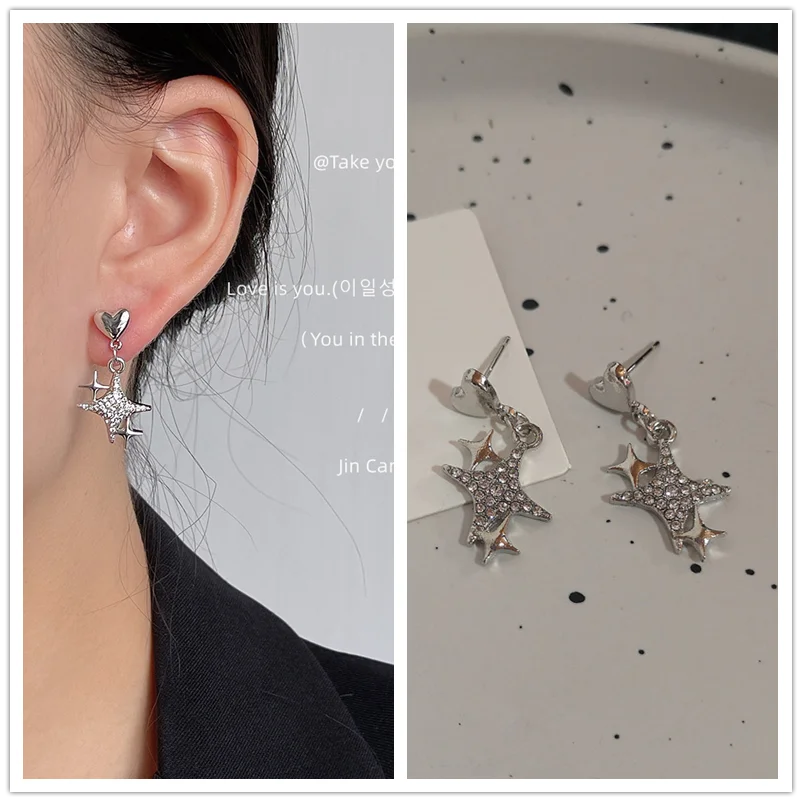 sengpan Korea Simple Black Star Pentagram Crystal Earrings Hip Hop Y2K Wholesale Jewelry Trends Trending