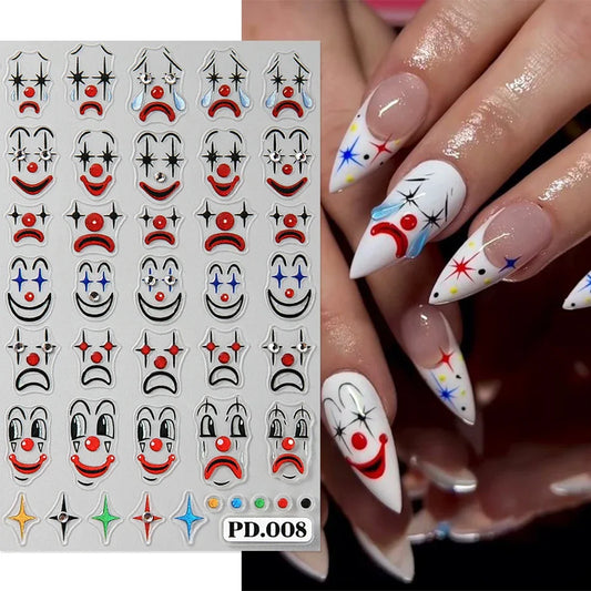 sengpan 5D Embossed Clown Nail Sticker With Crystal Rhinestone Glitter Daisy Heart Petals French Slider Spider Halloween Nail Decoration