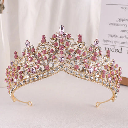 sengpan  Baroque Pink Crystal Beads Tiara Crown Headwear For Women Girls Wedding Party Princess Bridal Queen Hair Accessories