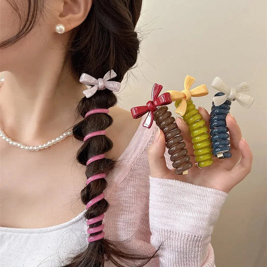 sengpan Spring Summer Acetate Bow Bubble Braid Telephone Wire Scrunchie for Girls Children 2024 Cute Coloured Elastic Hair Band Headwear