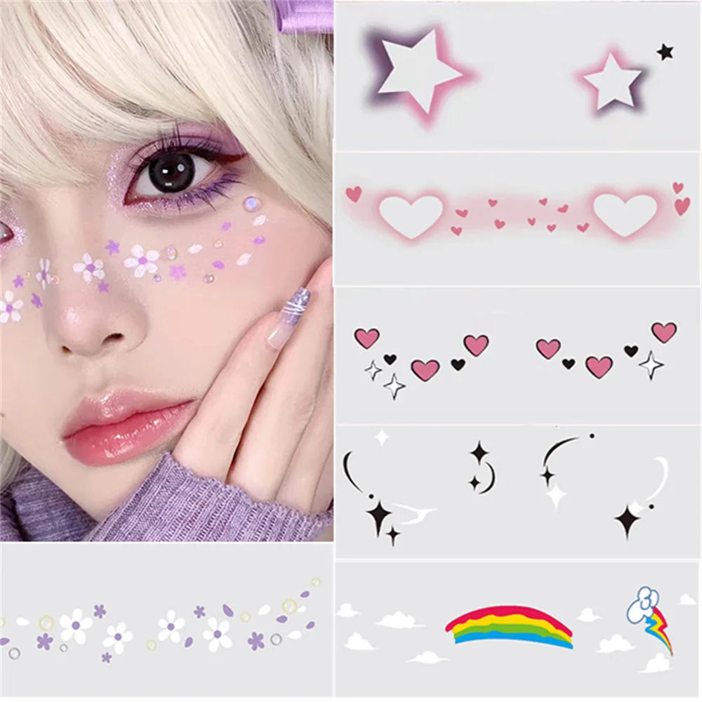 sengpan Blush Face Tattoo Temporary Waterproof Body Sticker Love Star Rainbow Face Make Up Festival Accessories Disposable Tattoos