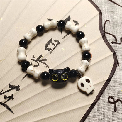 sengpan 2PCS Tassels Big Eye Cat Bracelets for Women Men Sweet Cool Skull Ceramic Beaded Bracelet Aesthetic Party Jewelry Accessories