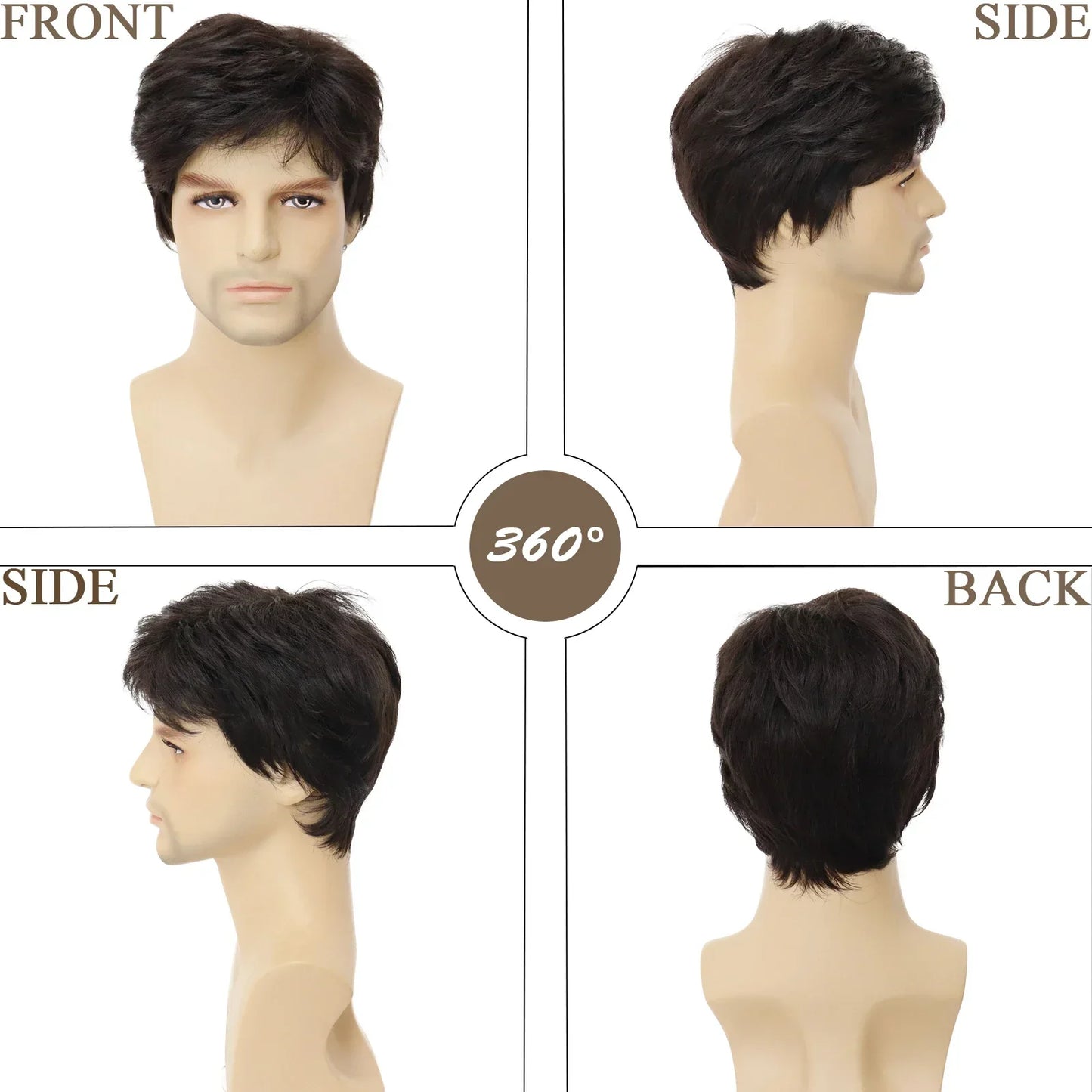 sengpan Men Wigs Short Hair Synthetic Dark Brown Color Natural Wigs with Bangs Fashion Short Haircuts Male Wig Cosplay Daily