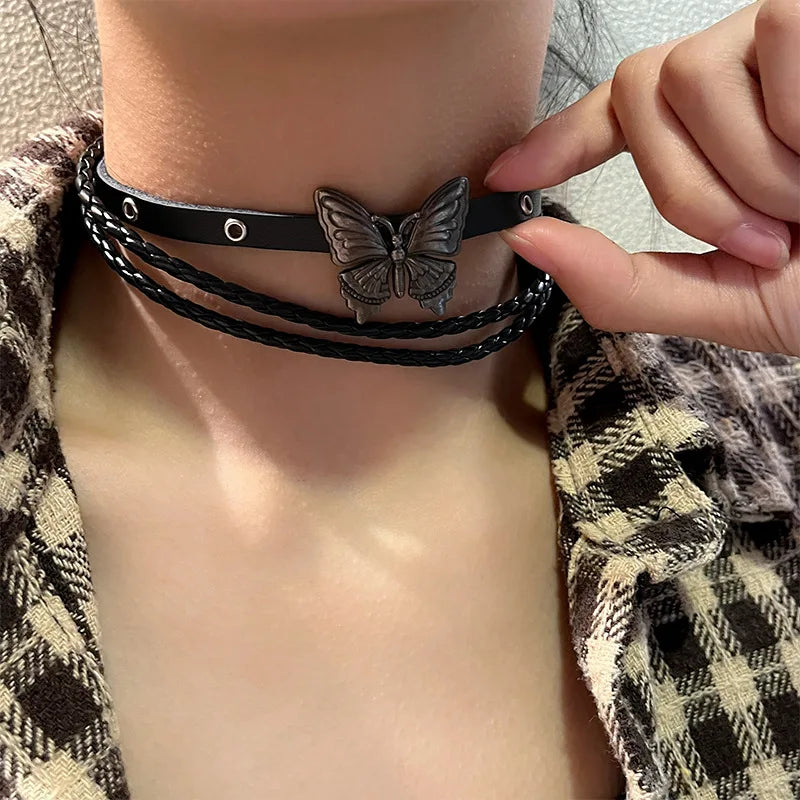 Lianfudai New Dark Punk Butterfly Leather Choker For Women Retro Leather Multi-Layer Rock Neck Chain Necklace Cool Girls Accessories