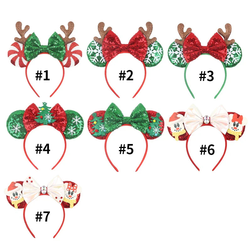 sengpan New Disney Christmas Mouse Ears Headband Santa Antler Sequins Bow Hairband For Women Featival Party DIY Hair Accessories Gift