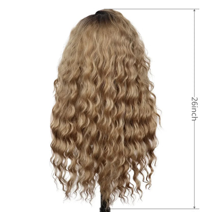 sengpan Synthetic Long Wave Cur Wigs Female Natural Brown Wig with Clip Free Part Side Bangs 80s Curly Wigs for Women Ombre Wig