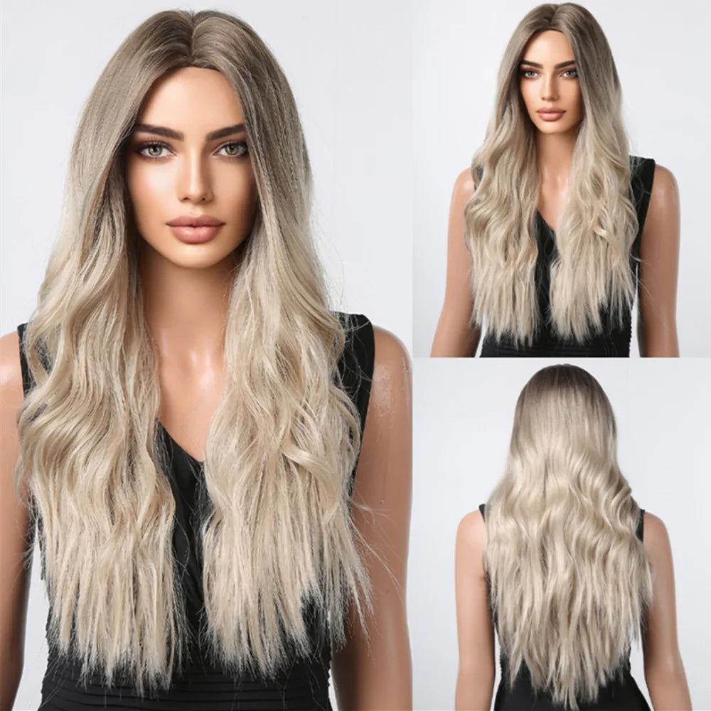 sengpan  Brown Highlight Long Wave Wigs for Women Synthetic Wig with Bangs Ombre Mixed Color Natural Looking Hair for Daily