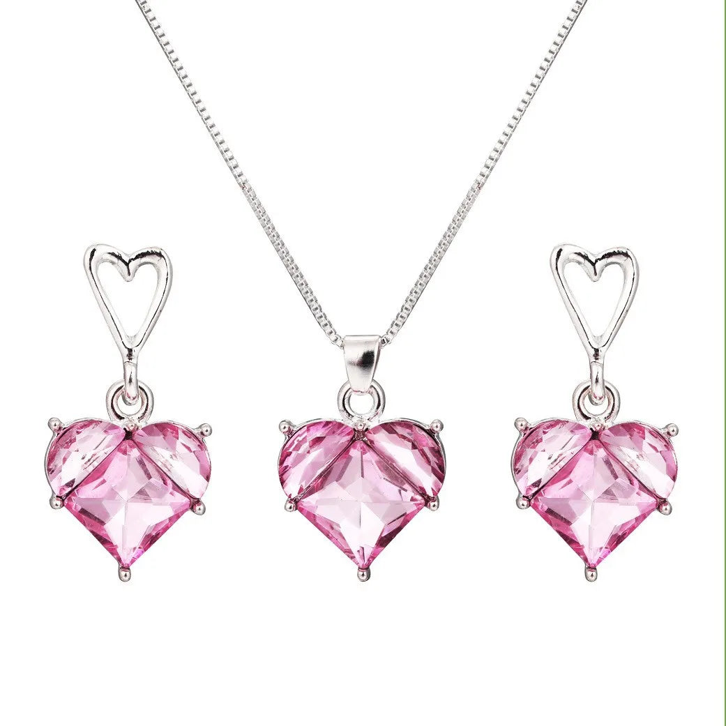 sengpan New Fashion Earrings Necklaces Set for Women Heart-shaped Zircon Pink Crystal Pendant Necklace Women's Jewelry Exquisite Gifts