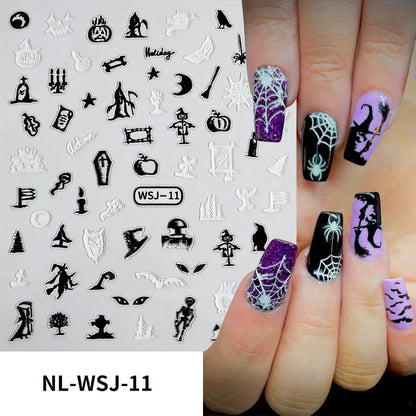 sengpan 6Pcs/Lot Glow In The Dark Halloween 3D Nail Stickers Luminous Spider Web Skull Self Adhesive Sliders Manicure Finger Tips Decals