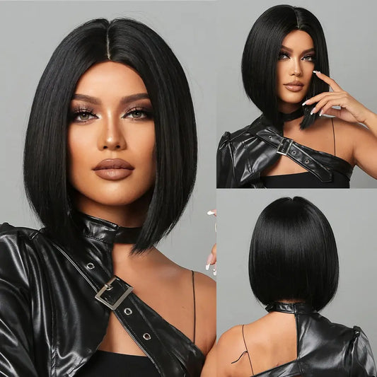 sengpan Natural Hairline Hair For Black Women Short Straight Bob Middle Part Heat Resistant Synthetic Wig For Daily Use Cosplay