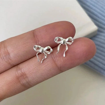 sengpan Simple Silver Color Sweet Cute Ribbon Heart Bowknot Earrings for Women Trend Drop Earrings Aesthetic Wedding Jewelry Gift Y2K