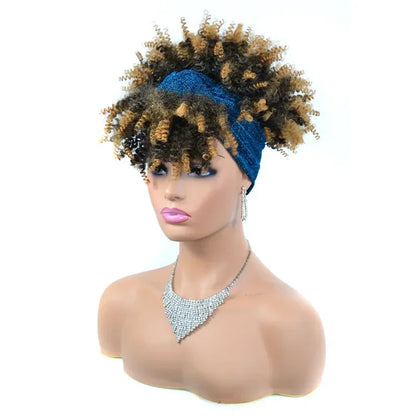 sengpan Short Kinky Curly Headband Wigs  Afro Puff Curly Headband Wig For Women Natural Synthetic Turban Wrap Wig  Cosplay Daily Use