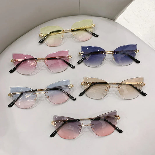 sengpan Fashion Vintage Cat Eye Gradient Sunglasses Metal Butterfly Frame Rimless Retro Women Multicolor Outdoor Travel  Sun Glasses