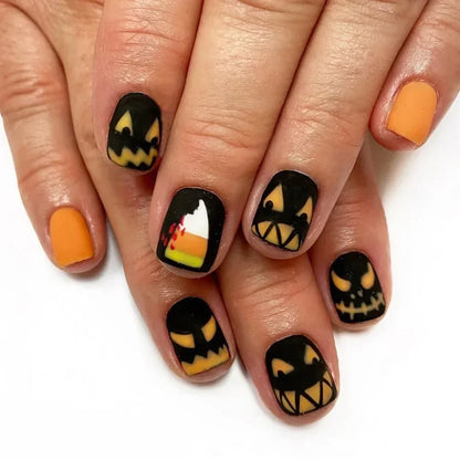 sengpan 24pcs Cute Ghost&Pumpkin Halloween Press-On Nails-Glossy Short Square Fake Nails with Festive Designs False Nail for Women/Girls