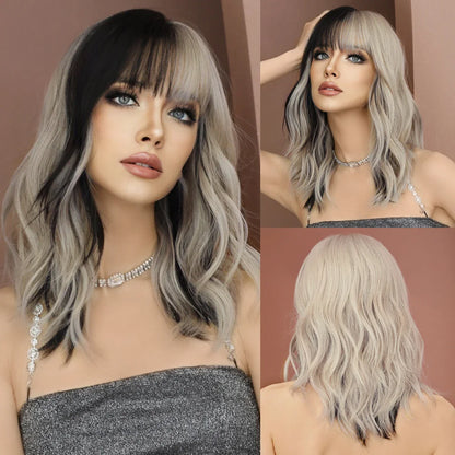 sengpan WIGS Long Body Wavy Silver Ash Hair Wig with Bangs for Women Daily Party High Density Hair Ombre Wigs Heat Resistant Fiber