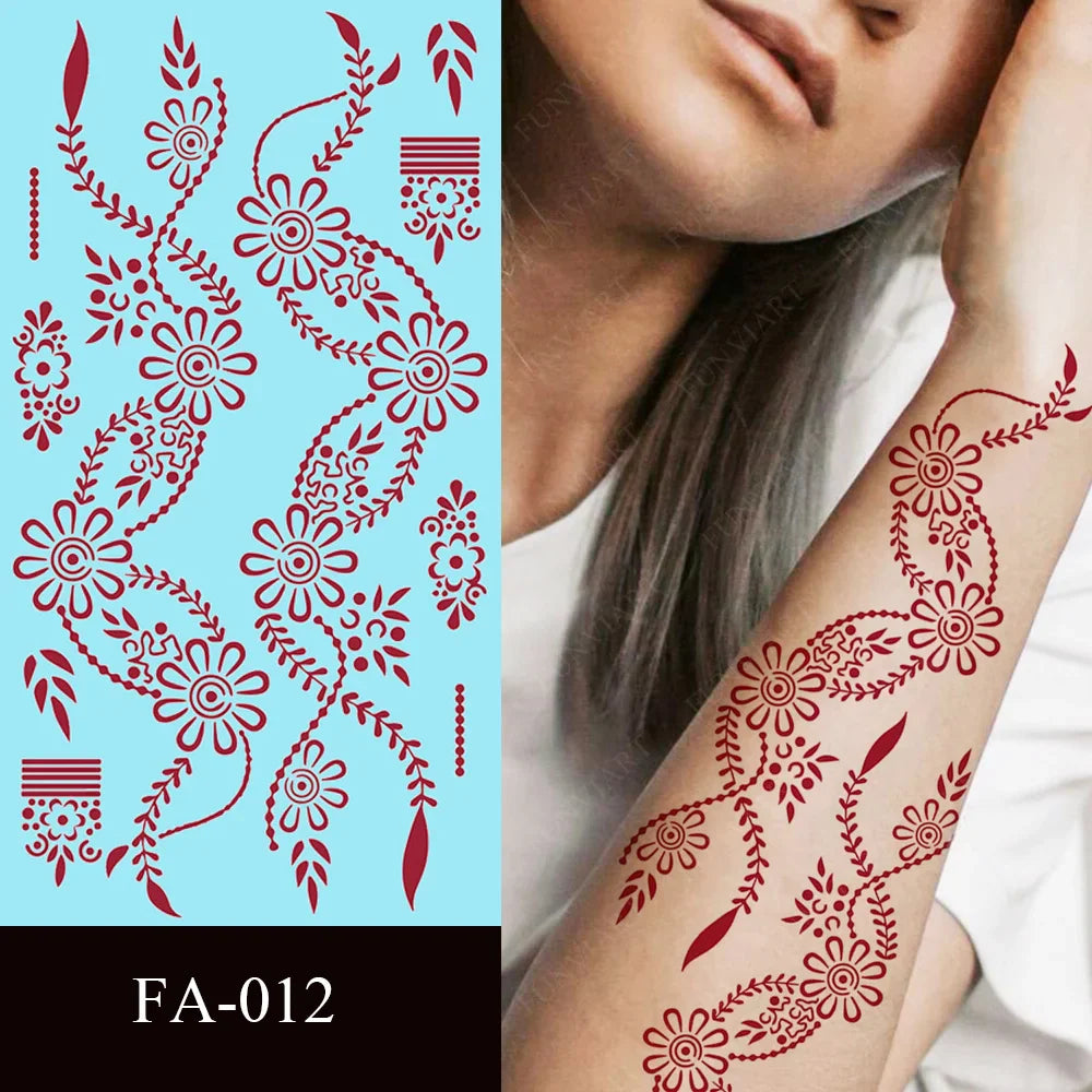 sengpan Maroon Henna Stickers for Hands Waterproof Temporary Henna Tattoos for Women Fake Tattoo Brown Henna Decorations Wedding