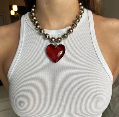 sengpan Grunge Fashion Glass Heart Pendant Necklace Y2K Ball Beads Chain Statement Choker Necklace for Women Club Punk Jewelry