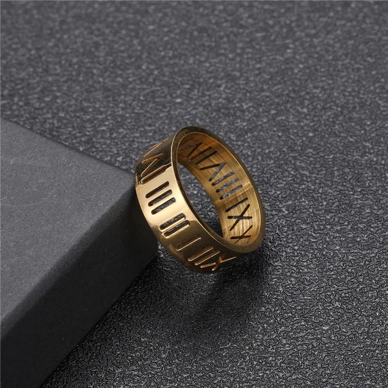 sengpan 8MM Stainless Steel Inoxidable Vintage Roman Numberss Cutting Letters Ring Temperament Couple Rings For Men Women Jewelry Gifts