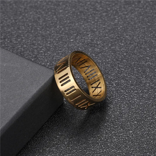 sengpan 8MM Stainless Steel Inoxidable Vintage Roman Numberss Cutting Letters Ring Temperament Couple Rings For Men Women Jewelry Gifts