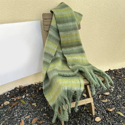 sengpan Retro Imitation Cashmere Scarf Winter Women Fashion Green Mohair Striped Scarves Korean Classic Thicken Warm Soft Shawl