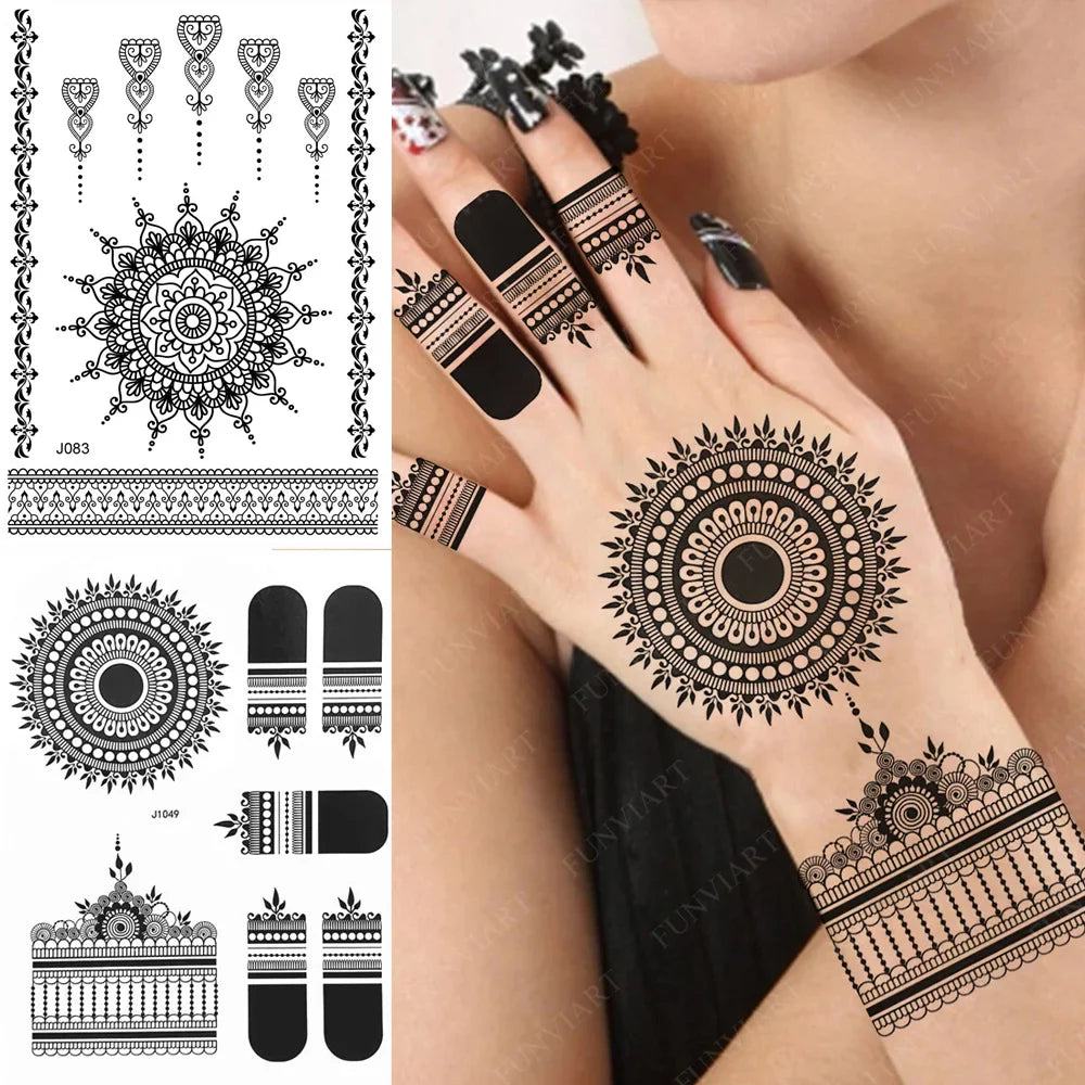 sengpan Black Henna Tattoo Stickers for Hand Temporary Tattoos for Women Butterfly Mehndi Flower Fake Tattoo Mandala Body Art