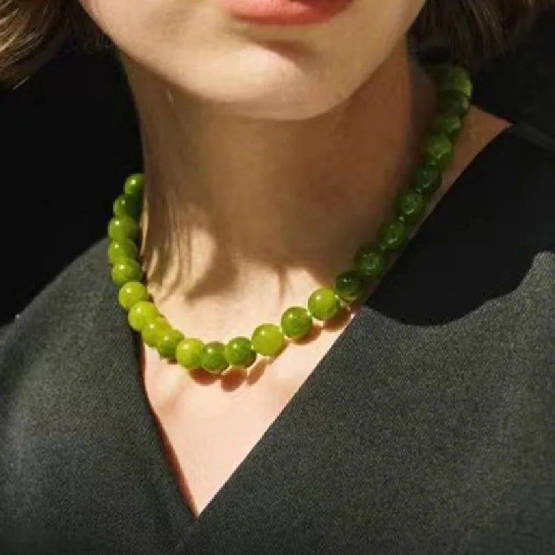 Lianfudai French Style Green Natural Stone Necklace for Female Summer Handmade Beaded New Chinese Style Neck Chain