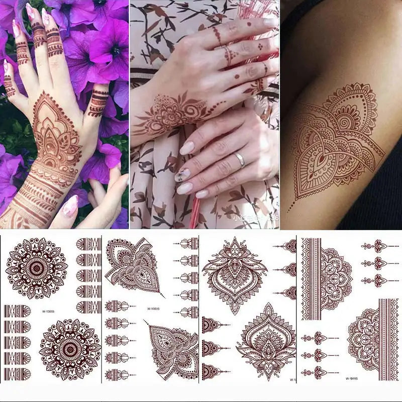 sengpan Brown Henna Lace Temporary Tattoo Sticker Butterfly Mehndi Flower Fake Tattoo for Women Feather Flora Sexy Henna Design Stickers