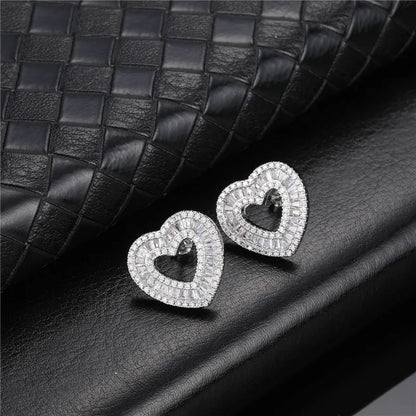 sengpan Hip Micro 1Pair Heart Shape Pave Baguette Cubic Zircon Stone Ice out Stud CZ Earring Bling Copper Earrings For Women Men Jewelry