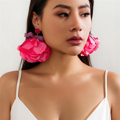 sengpan Exaggerated Colorful Large Fluffy Fabric Mesh Rose Flower Drop Earrings Women Trendy Elegant Petal Earrings Y2K Wed Accessories