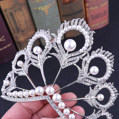 sengpan New Arrival Big Size Pageant Full Round Silver Color Pearl Feather Shining Rhinestone Tiara Crown Headwear Hair Accessories