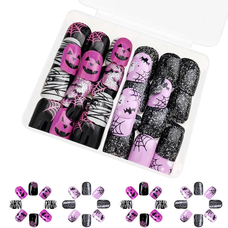 sengpan 48pcs/set Cute Ghost & Pumpkin Halloween Press-On Nails-Glossy Short Square Festive Designs Fake Nails for Women and Girls Wear