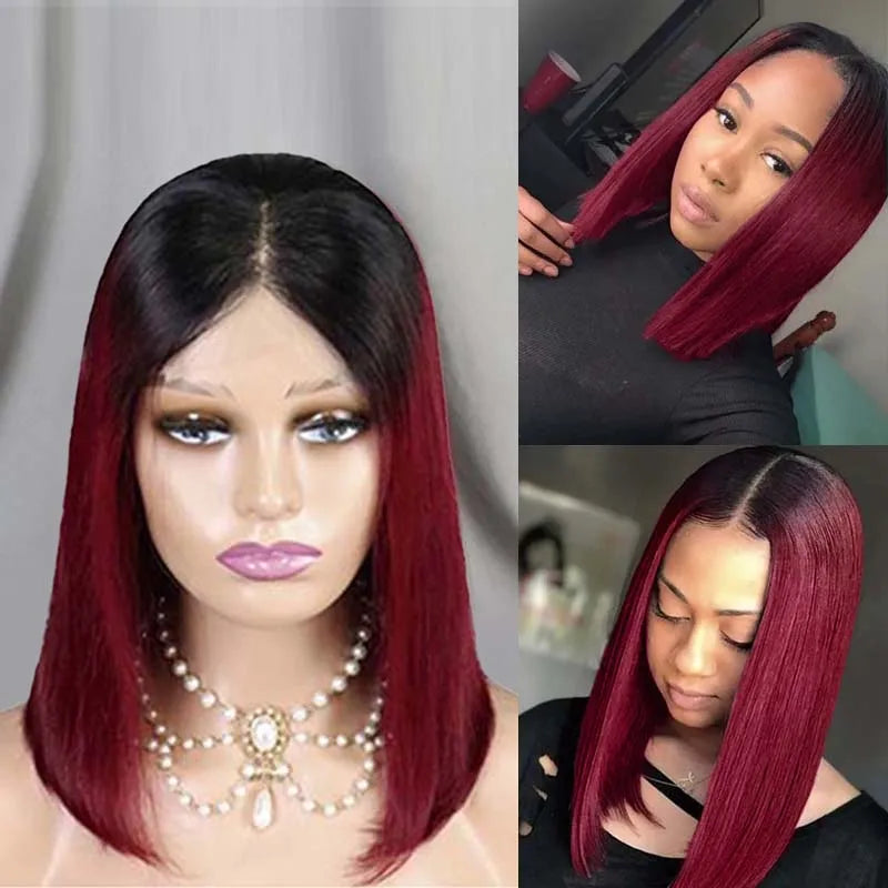 sengpan 1B/Burgundy Straight Bob Wig Ombre Red With Dark Roots 1B/99J Wig Free Part Straight Short Bob Wig Colored Wigs (Ombre 99J Wig) 