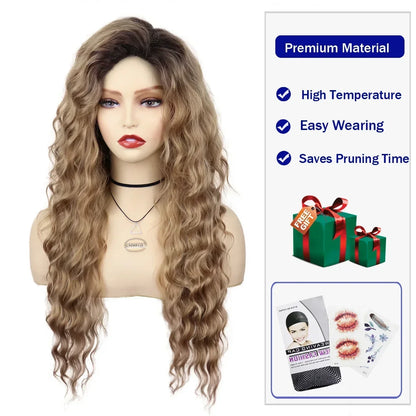 sengpan Synthetic Long Wave Cur Wigs Female Natural Brown Wig with Clip Free Part Side Bangs 80s Curly Wigs for Women Ombre Wig