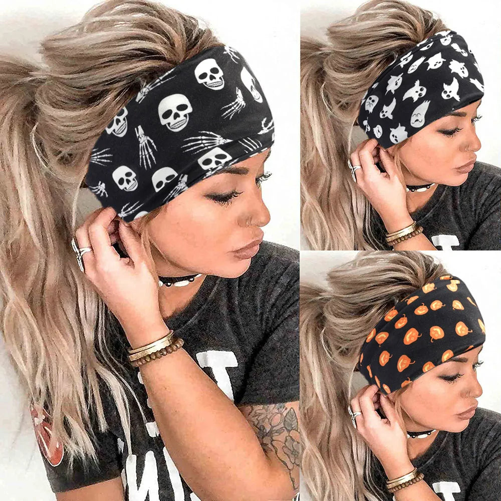 sengpan Halloween Skeleton Turbans Yoga Elastic Head Wrap Women Headband Wide Hairbands Headwear Bandanas Fashion Hair Band YZL05-5