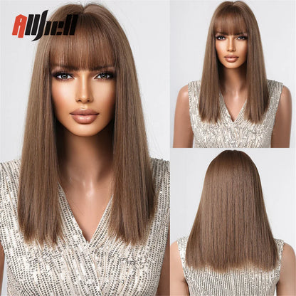 sengpan Short Brown Ombre Blonde Cosplay Wig Synthetic Straight Wigs for Black Women Heat Resistant Halloween Party Daily Natural Hair