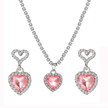 sengpan New Fashion Earrings Necklaces Set for Women Heart-shaped Zircon Pink Crystal Pendant Necklace Women's Jewelry Exquisite Gifts