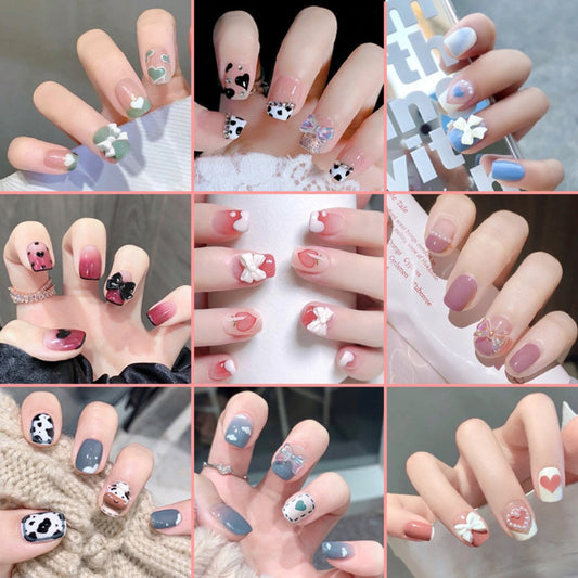 sengpan 24Pcs French With Drill Short Fake Nails Press On Nail Tips Artificial Full Cover Cute Bow Wearing False Nails Art Free Shipping