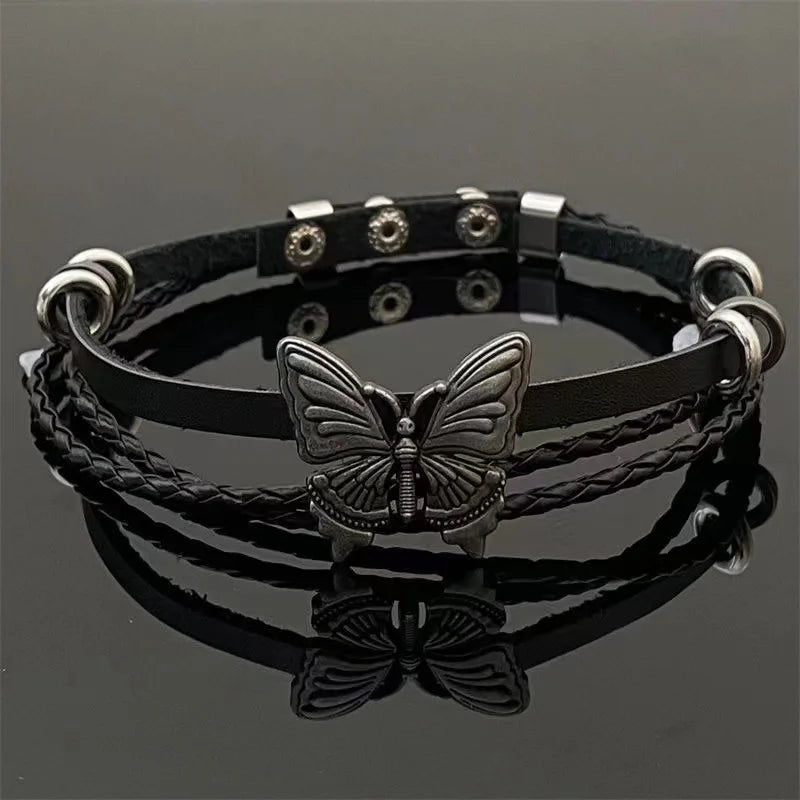 Lianfudai New Dark Punk Butterfly Leather Choker For Women Retro Leather Multi-Layer Rock Neck Chain Necklace Cool Girls Accessories