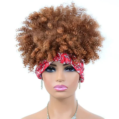 sengpan Short Kinky Curly Headband Wigs  Afro Puff Curly Headband Wig For Women Natural Synthetic Turban Wrap Wig  Cosplay Daily Use