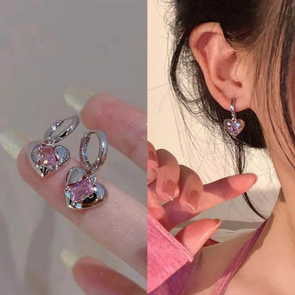 sengpan Y2K Pink Peach Zircon Heart Drop Pendant Earrings for Women Egirl Sweet Crystal Earrings 2023 New Fashion Jewelry