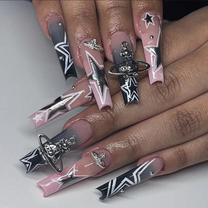 sengpan y2k Nails Five-pointed Star Pattern False Nails Halloween Style Long Coffin Ballet Press on Nails For Girl Full Cover Wearable