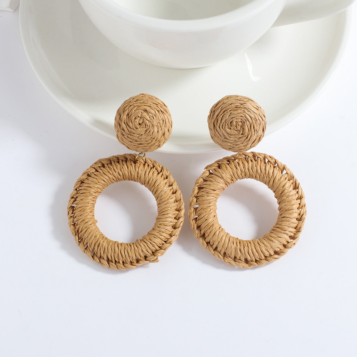 sengpan Boho Handmade Geometric Wooden Rattan Braid Drop Earrings for Women Ethnic Bohemia Statement Earring Wholesale Jewelry