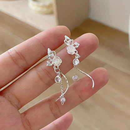 sengpan Simple Silver Color Sweet Cute Ribbon Heart Bowknot Earrings for Women Trend Drop Earrings Aesthetic Wedding Jewelry Gift Y2K