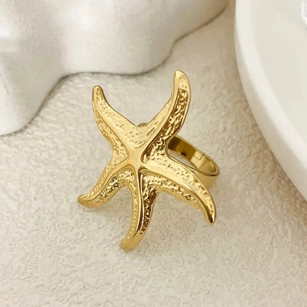 sengpan 1pc Starfish Shaped Funny Stainless Steel Opening Ring 14K Gold Plated Funny Accessories Men And Women's Ring For Daily Wear