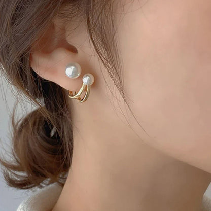 Lianfudai New Cute Pearl Studs Hoop Earrings for Women Gold Color Eardrop Minimalist Tiny Huggies Hoops Wedding Fashion Jewelry