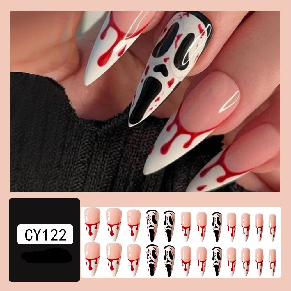 Lovely Funny Halloween Ghost Face Horror Blood Fake Nails Ballerina Matt Spider Web Nail Art Gorgeous Reusable Press on Nails