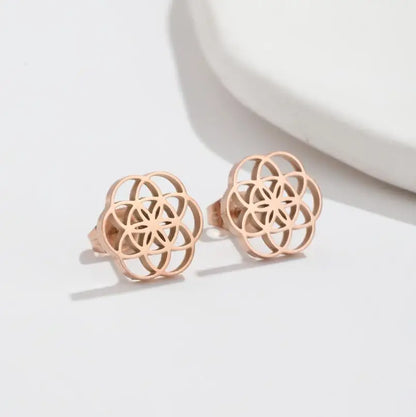 sengpan Tiny Circle Earrings Stainless Steel Flower Seed of Life Stud Earrings for Women Geometry Round Hollow Wedding Jewelry